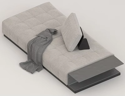 Modern Gray Tufted Double Sofa With Plaid Blanket And Cushion On Black Base Design 3d model