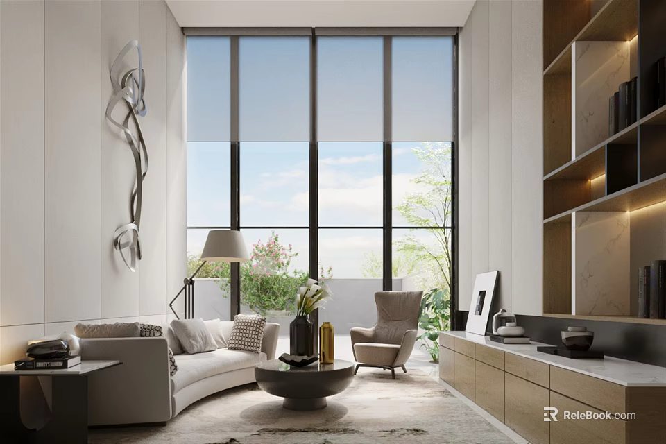 Modern Living Room Interior Design With Large Windows Greenery Sofa And Shelves 3d model 