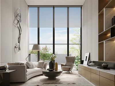 Modern Living Room Interior Design With Large Windows Greenery Sofa And Shelves 3d model