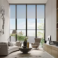 Modern Living Room Interior Design With Large Windows Greenery Sofa And Shelves