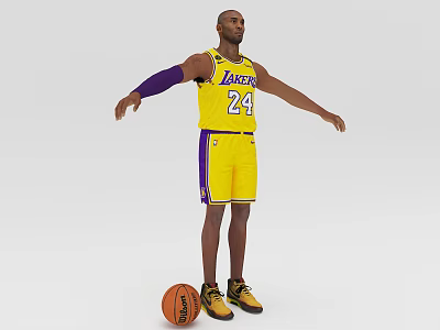 Man in Lakers 24 yellow jersey shorts purple arm sleeve with basketball and yellow shoes 3d model