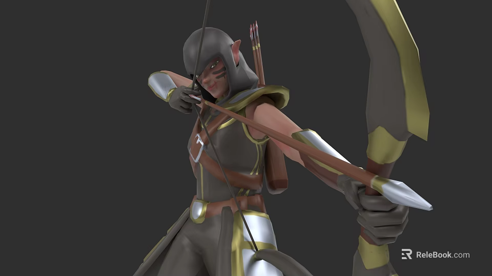 Game Fantasy Elf Archer Character Aiming With Bow Quiver And Dark Gold Armor 3d model 
