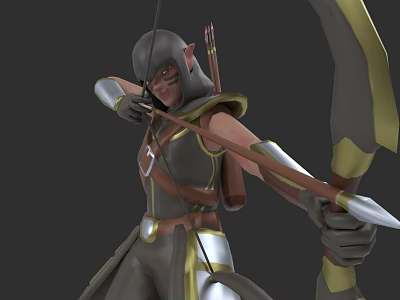 Game Fantasy Elf Archer Character Aiming With Bow Quiver And Dark Gold Armor 3d model