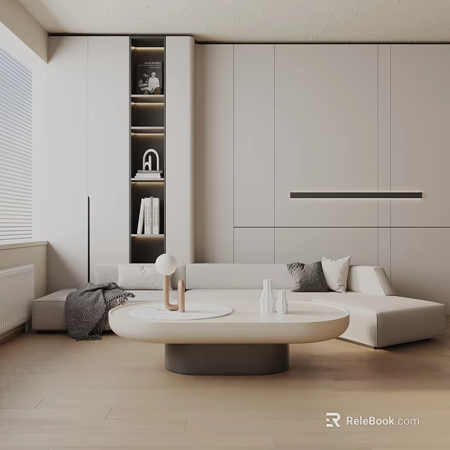 Three Seater Sofa In Modern Minimalist Living Room Interior With White Coffee Table Throw Pillows 3d model 