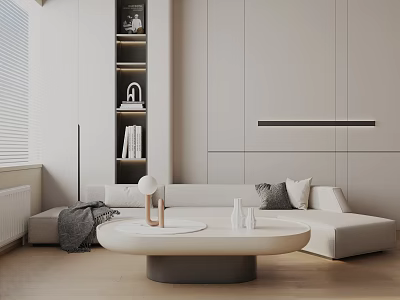Three Seater Sofa In Modern Minimalist Living Room Interior With White Coffee Table Throw Pillows 3d model