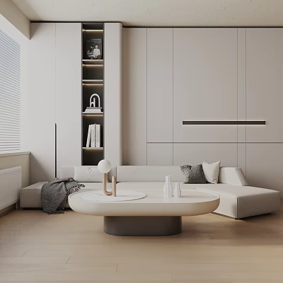 Three Seater Sofa In Modern Minimalist Living Room Interior With White Coffee Table Throw Pillows 3d model