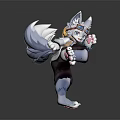 Game Movie Character With White Wolf Ears Tail Blue Eyes In Dynamic Combat Pose