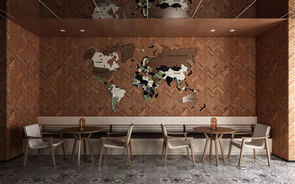 Cafe with brown herringbone wall and world map decoration featuring wooden tables and chairs 3d model 