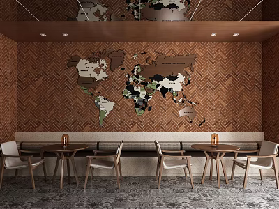 Cafe with brown herringbone wall and world map decoration featuring wooden tables and chairs 3d model