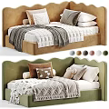 Cozy Kids Bed With Scalloped Headboard Tan Frame Soft Pillows Plush Blanket And Stuffed Toy