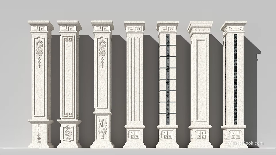 Roman Columns With Various Decorative Patterns And Classical Architectural Styles 3d model
