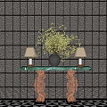 Modern Console Table Green Top Black Vase Plants Table Lamps Amber Legs Grid Wall