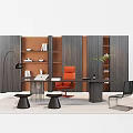 Modern Wooden Bookcase With Orange Shelves Desk Chair Floor Lamp And Plant