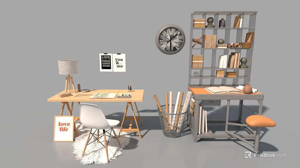 Light Wooden Office Desk With Chair Lamp Bookshelf Clock And Love Life Sign 3d model 