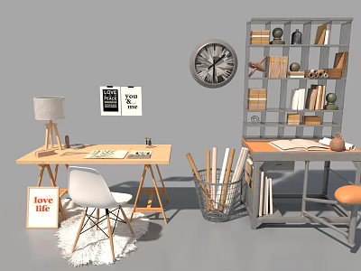 Light Wooden Office Desk With Chair Lamp Bookshelf Clock And Love Life Sign 3d model