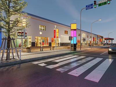 Vibrant Commercial Street With Modern Buildings Colorful Storefronts Street Lamps Traffic Lights And Crosswalk 3d model