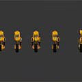 Golden Robotic Arms With Multiple Joints And Wheels Arranged On Dark Background With Reflections