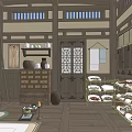 Traditional Japanese Shop Interior with Wooden Shelves Displaying Snacks and Hanging Lanterns