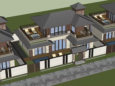 Elegant Detached Villa Exterior With Gray Roof Wooden Balconies And Large Windows 3d model