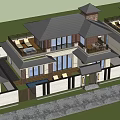 Elegant Detached Villa Exterior With Gray Roof Wooden Balconies And Large Windows