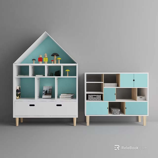 White and Teal Modern Storage Shelving Units with Multiple Compartments Drawers and Cabinet Doors 3d model 