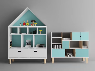 White and Teal Modern Storage Shelving Units with Multiple Compartments Drawers and Cabinet Doors 3d model