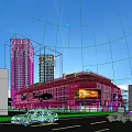Modern Commercial Complex with Glass Curtain Walls Tall Buildings Shopping Mall Billboards Cars and Pedestrians