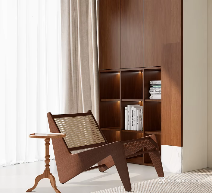 Modern Wooden Bookshelf With Open Shelves Built-in Lighting Cozy Reading Nook And Accent Chair 3d model 