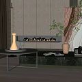 Modern Coffee Table with Marble Top in Living Room with Fireplace Green Plants and Artwork