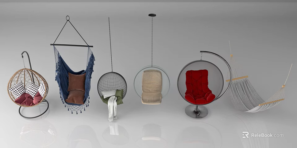 Assorted Hanging Chairs With Stylish Designs Woven Details Metal Frames And Colorful Cushions 3d model 