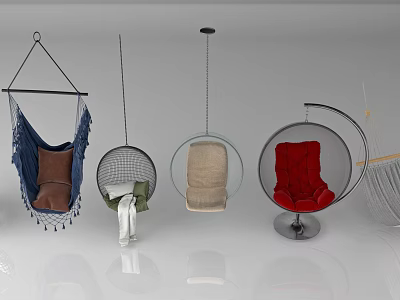 Assorted Hanging Chairs With Stylish Designs Woven Details Metal Frames And Colorful Cushions 3d model