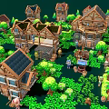 Pixel Style Park Landscape With Wooden Houses Green Trees And Grass