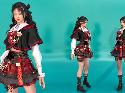 Game and Movie Character Costume Design With Plaid Skirt Black Coat White Sleeves and Boots 3d model