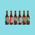 Six Bottles of Beer with Different Label Designs Neatly Arranged on Light Blue Background