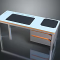 Modern White Office Desk With Sleek Top Black Surface Areas And Orange Accent Drawer