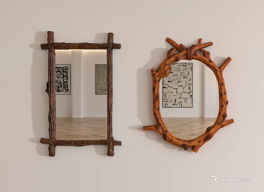 Decorative Mirrors With Natural Branch Frames In Room Interior With Wooden Floor And Art 3d model 