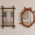 Decorative Mirrors With Natural Branch Frames In Room Interior With Wooden Floor And Art