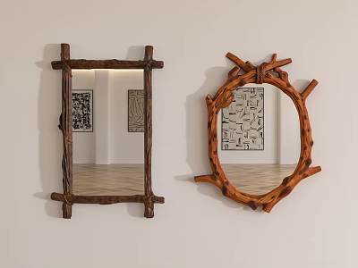 Decorative Mirrors With Natural Branch Frames In Room Interior With Wooden Floor And Art 3d model