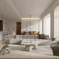 Warm Minimalist Open Concept Living And Dining Room Interior Design With Stone Kitchen Island