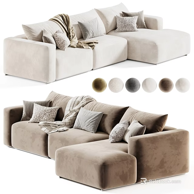Modern Cozy Upholstered Double Sofa With Throw Pillows Soft Blankets And Various Neutral Fabric Colors 3d model 