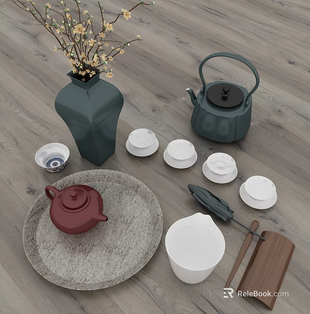 Elegant Ceramic Tea Set With Red Teapot White Teacups Gray Tray And Green Vase 3d model 