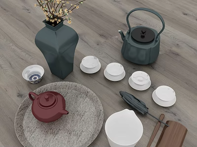 Elegant Ceramic Tea Set With Red Teapot White Teacups Gray Tray And Green Vase 3d model