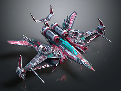 Futuristic Sci Fi Spaceship With Red Green Accents Multiple Wings And Circular Engines 3d model