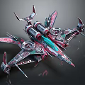 Futuristic Sci Fi Spaceship With Red Green Accents Multiple Wings And Circular Engines