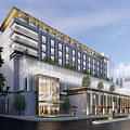 Modern Multi Storey Building With Glass Windows Street Trees And Parked Car At Evening
