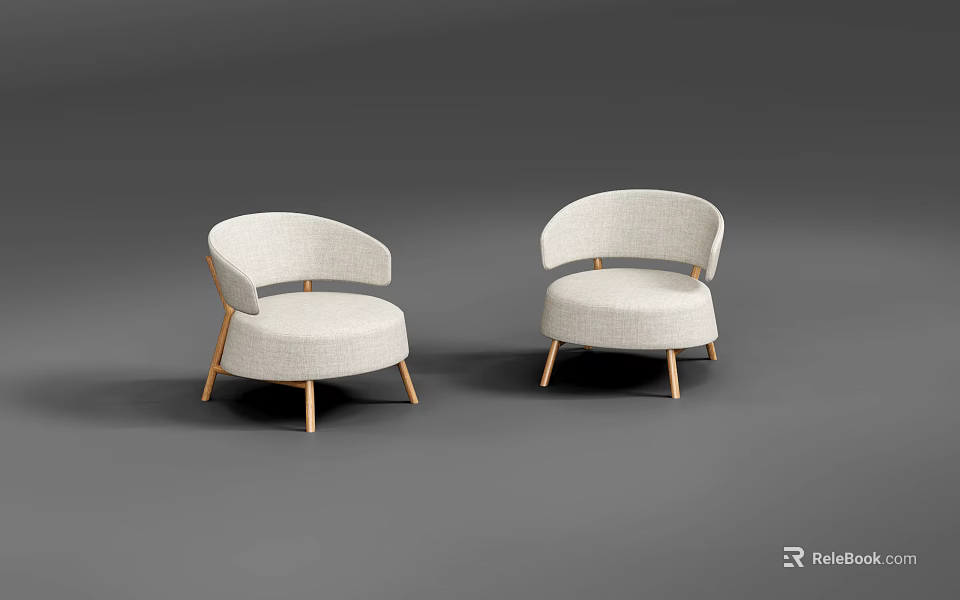 Two Modern Light Fabric Accent Chairs With Curved Arms And Wooden Legs 3d model 