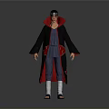 Anime Character Wearing Black Robe With Red Lining Headband Blue Top And Sandals