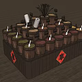 Display Shelf Featuring Wooden Buckets With Various Colored Contents Labels And Fu Decorations