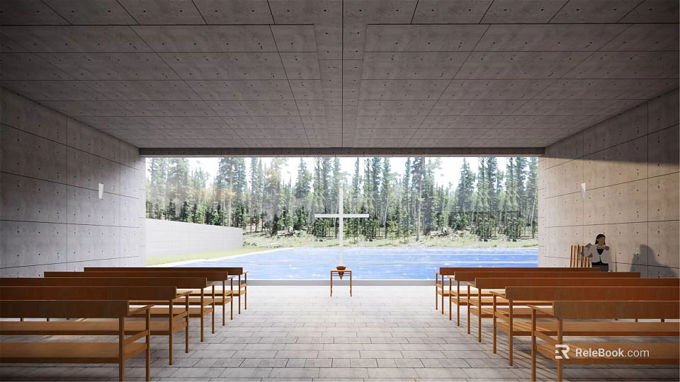 Serene Religious Worship Space Interior Featuring Wooden Benches Large Windows Forest And Water View 3d model 