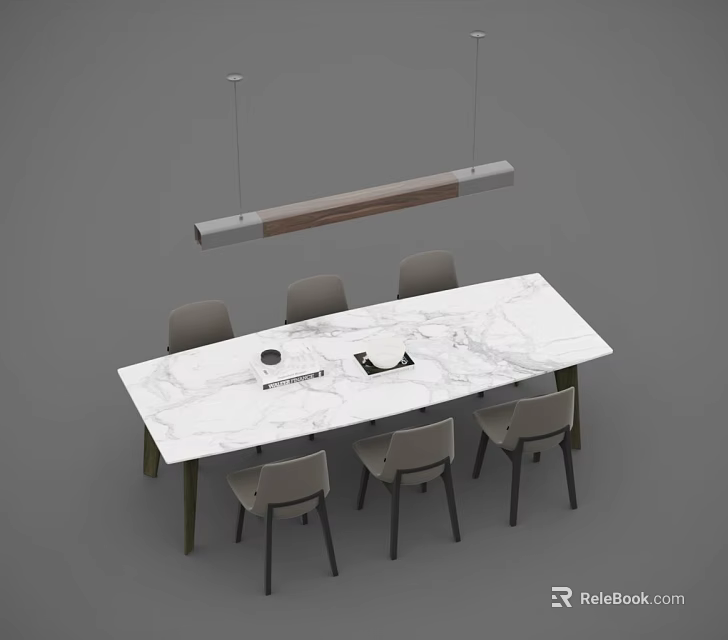 Modern Dining Table Set With Marble Tabletop Six Chairs And Hanging Pendant Light 3d model